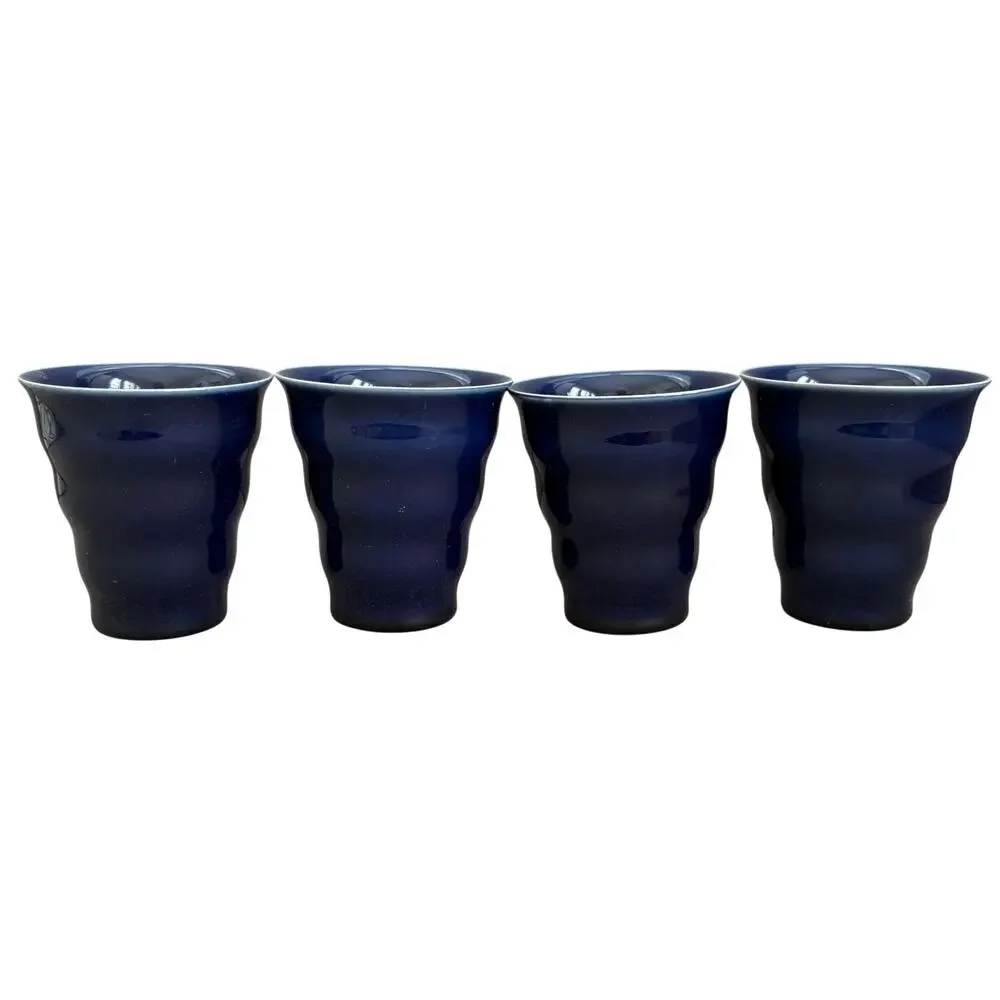 LOT 4 Boda Nova Sweden Blue Ribbed Tapered Ceramic Drinking Glasses 90s Y2K